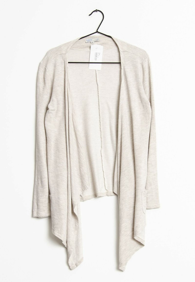 Světlé béžové kardigany, lehký pletený materiál, otevřený přední design, dlouhé rukávy, asymetrický spodní lem, obsahuje štítek na ramínku.