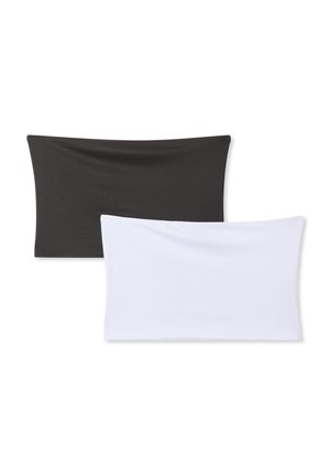 Due tube top elasticizzati e rettangolari in bianco e nero, realizzati in un tessuto leggero e liscio con una texture morbida.