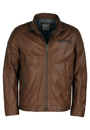 Brown leather jacket featuring a zip closure, high collar, multiple pockets, and quilted detailing on shoulders for added texture.