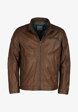 Braune Lederjacke mit Reißverschluss, hohem Kragen, mehreren Taschen und gesteppten Details an den Schultern für zusätzliche Struktur.