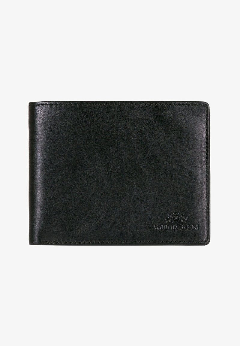 Schwarze Lederbörse mit glatter Textur, im Taschenformat gefaltet, und eingeprägtem Logo auf der Vorderseite, mit genähten Kanten für Langlebigkeit.