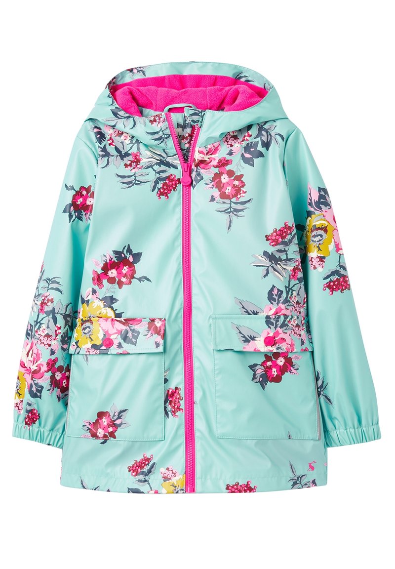 Vandtæt jakke i lys turkis med blomsterprint i pink, gul og grå, med lynlåslukning, hætte og to forlommer.