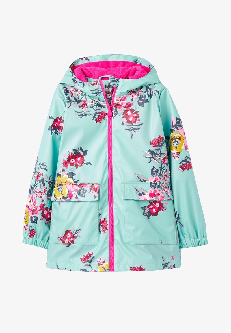 Vattentät jacka i ljus turkos med blommönster i rosa, gult och grått, med dragkedja, huva och två framfickor.