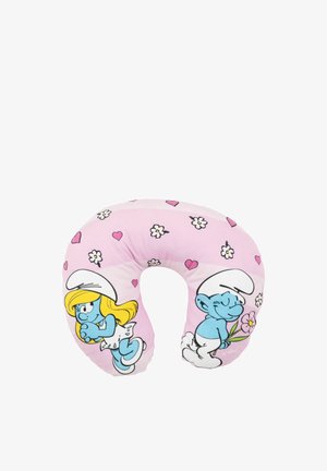 Nackenkissen mit einem rosa Stoffbezug, der die Cartoonfiguren Schlumpfine und Schlumpf zeigt, verziert mit Herzen und Blumen. U-förmiges Design.