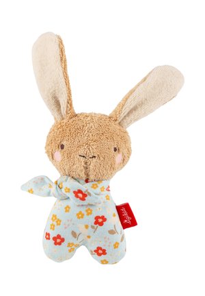 Soft brown plush bunny with long cream ears, a blue floral scarf, and floral-patterned body, featuring a small red tag on the side.