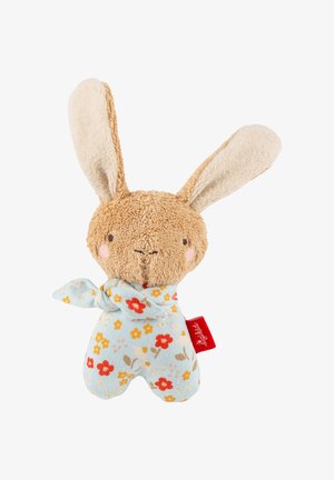 Weicher brauner Plüschhase mit langen cremefarbenen Ohren, einem blauen Blumenschal und einem blumengemusterten Körper, mit einem kleinen roten Etikett an der Seite.