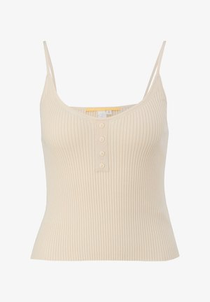 Beige Ripp-Top mit dünnen Trägern, ausgestattet mit einem Rundhalsausschnitt und einer Knopfleiste mit vier Knöpfen. Geschmeidige Textur, figurbetonter Schnitt.