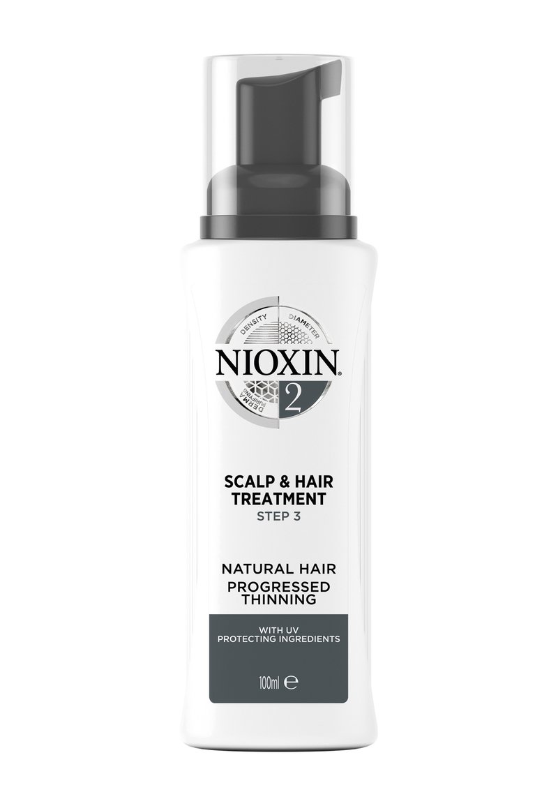 Nioxin Preparat do skóry głowy i włosów, biały plastikowy pojemnik z czarną pompą, zawiera wyraźne etykiety oraz szczegółowe informacje dotyczące użytkowania z przodu.