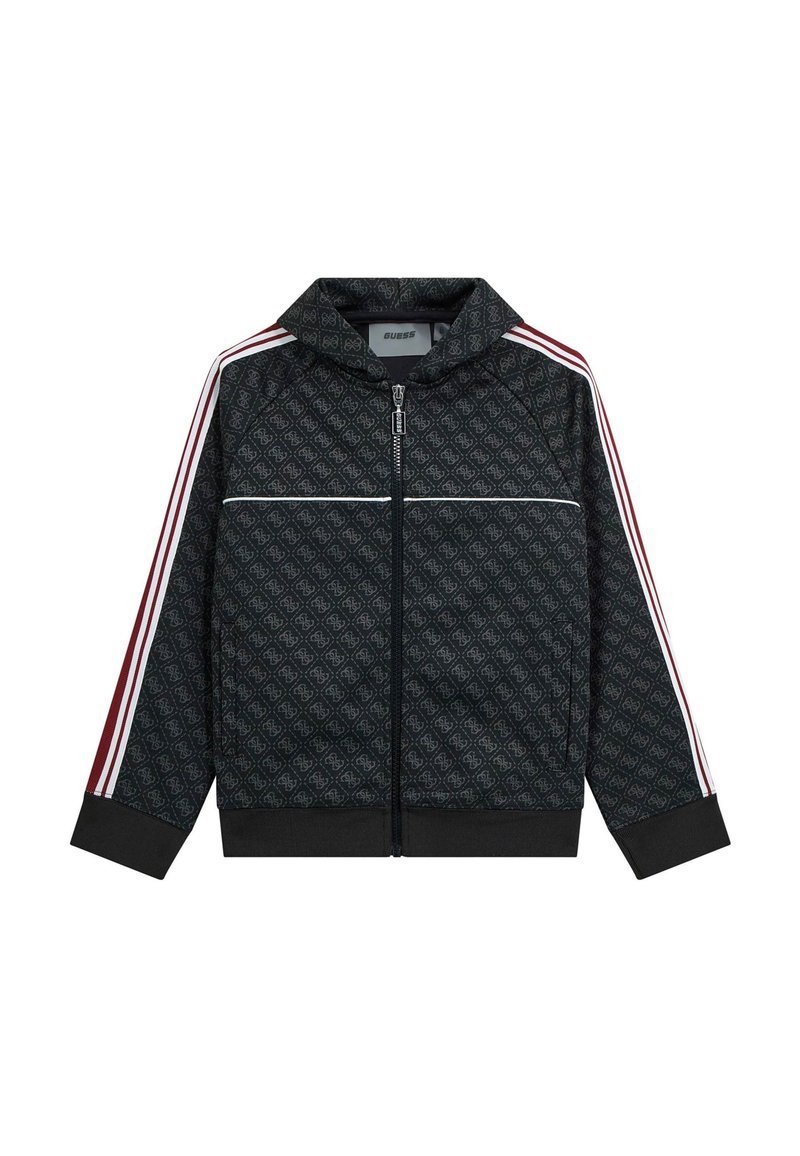Giacca nera con zip caratterizzata da un motivo a logo su tutta la superficie. Strisce rosse e bianche sulle maniche, polsini e orlo a costine. Design con cappuccio.