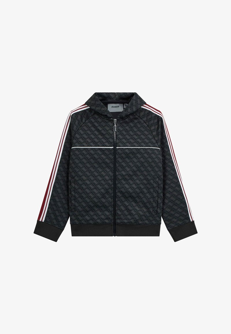 Giacca nera con zip caratterizzata da un motivo a logo su tutta la superficie. Strisce rosse e bianche sulle maniche, polsini e orlo a costine. Design con cappuccio.