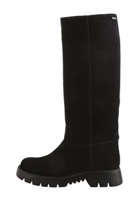Schwarze, knöchelhohe Stiefel aus Wildleder, ausgestattet mit einer dicke Gummisohle, robustem Absatz und minimalen Nähten an den Seiten.