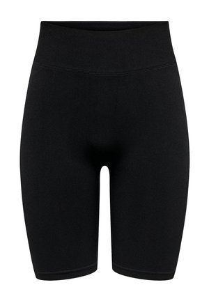 Fekete, magas derekú, térdig érő, elasztikus rövidnadrág sima derékpánttal, látható logók vagy minták nélkül.