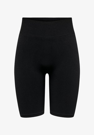 Fekete, magas derekú, térdig érő, elasztikus rövidnadrág sima derékpánttal, látható logók vagy minták nélkül.