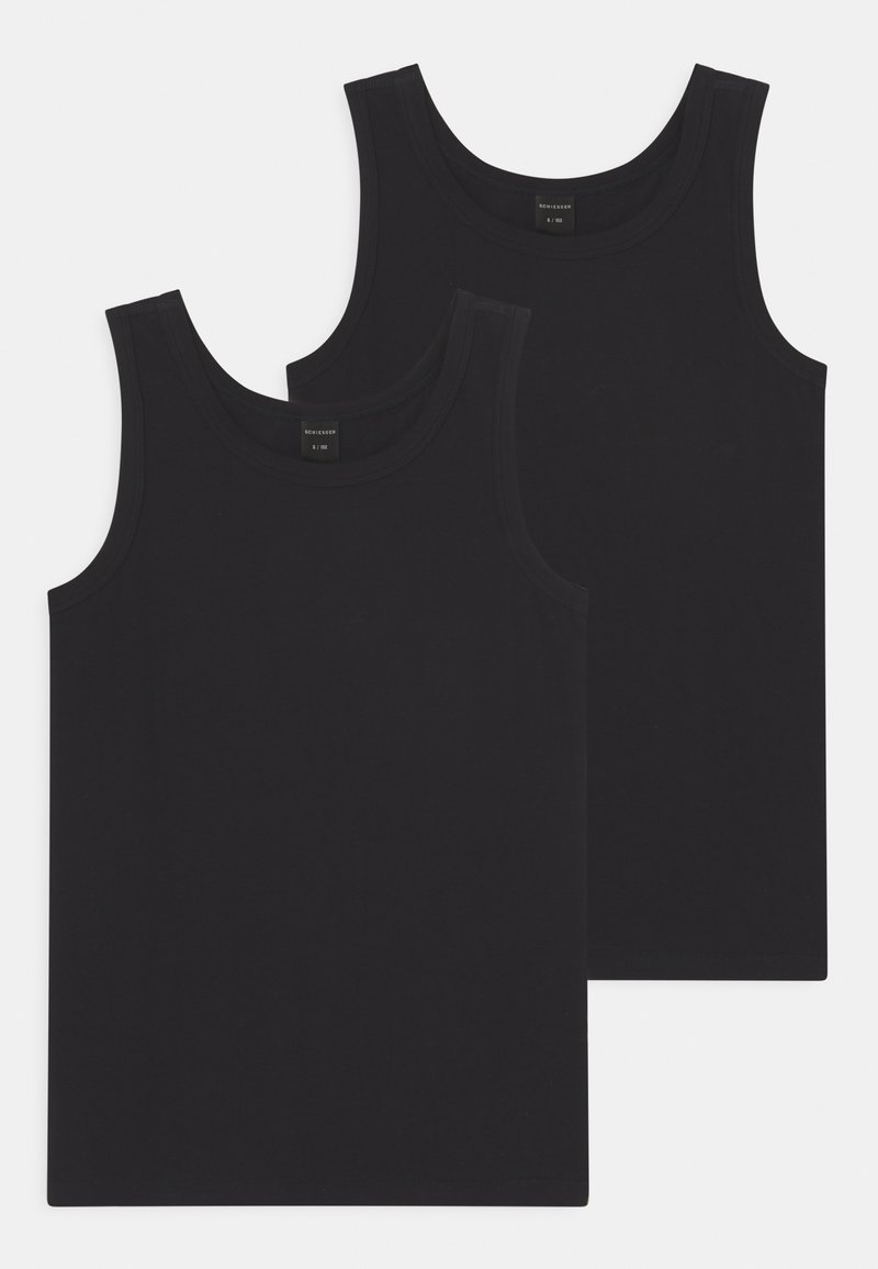 Two black tank tops made of soft fabric, featuring a round neckline and wide armholes. Simple design with no patterns or embellishments.