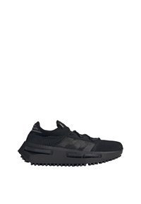 Black athletic shoe with a knit upper, textured detailing, three stripes on the side, and a thick rubber sole with a patterned tread.