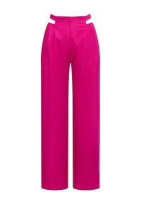 Hoge taille, wijde broek in felroze stof, met uitsparingen in de taille en een verborgen rits aan de achterkant.