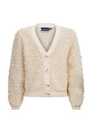 Crème-kleurige cardigan met een textuur- en bobbelontwerp, V-hals en beige knopen. Geribde manchetten en zoom, zachte gebreide stof.
