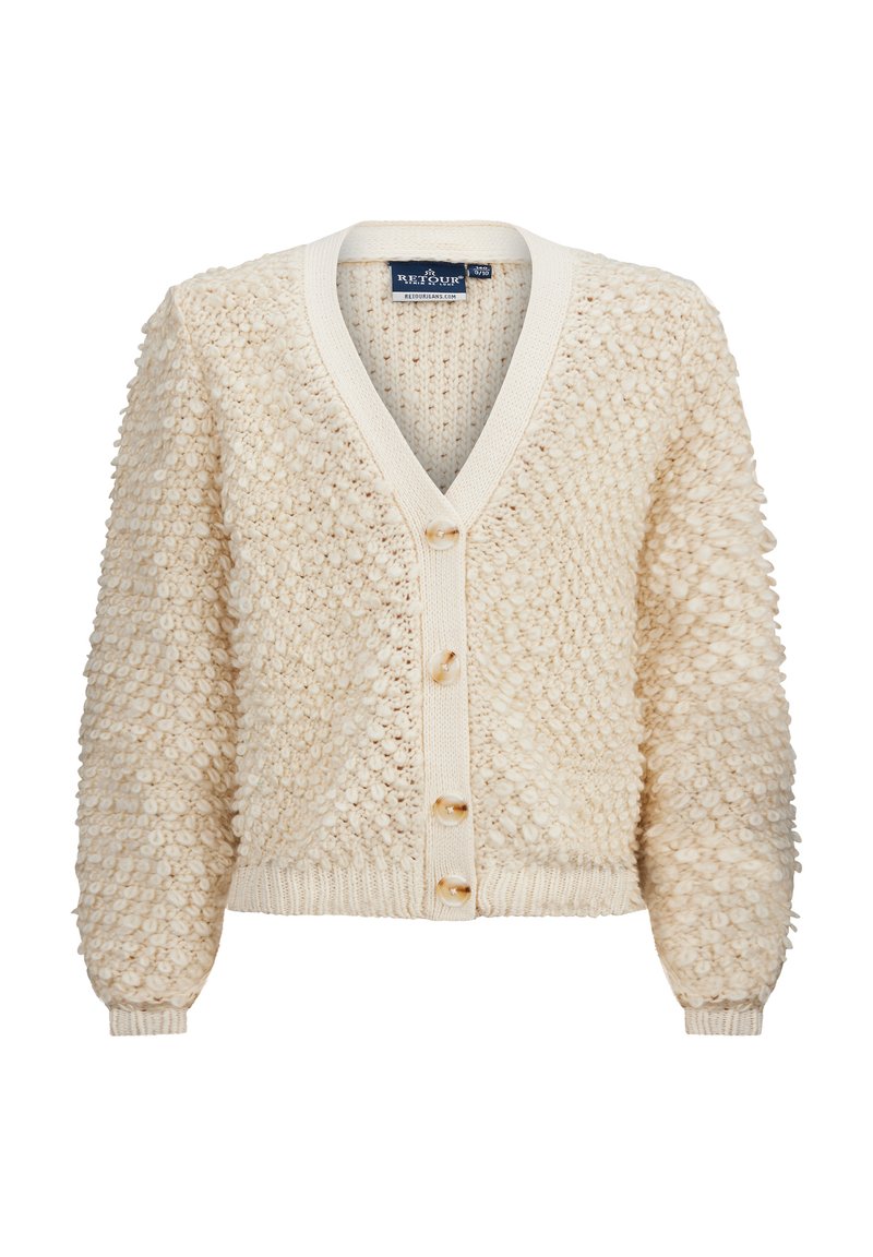 Cremfarbener Cardigan mit einer strukturierten, Noppen-Optik, V-Ausschnitt und beigen Knöpfen. Rippbündchen und -saum, weicher Strickstoff.