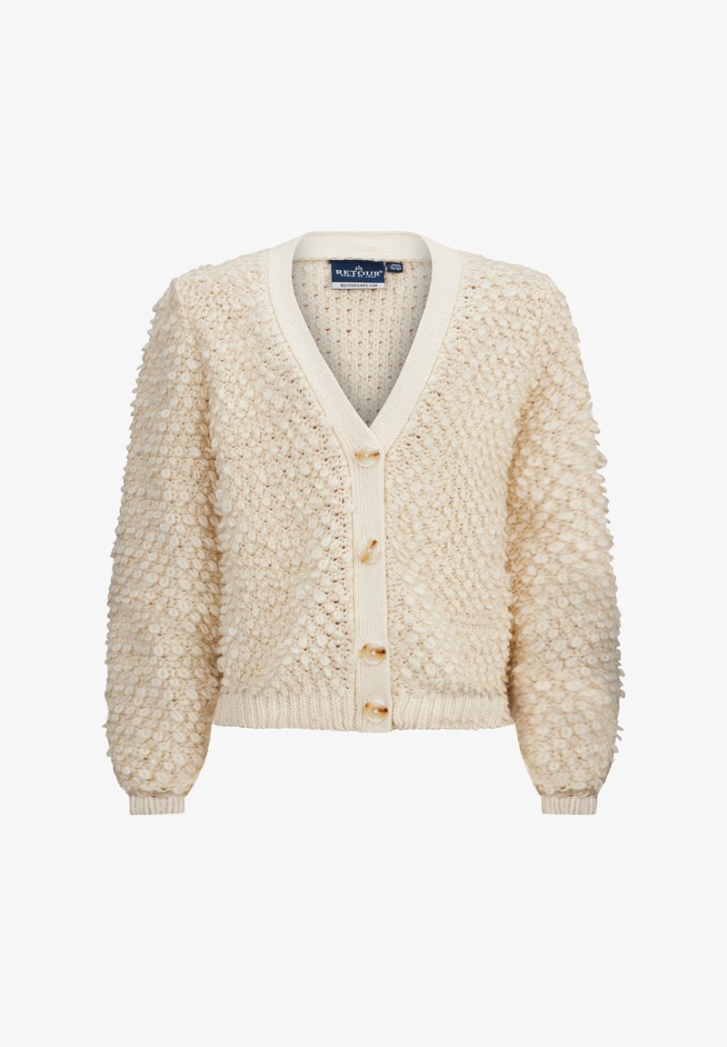 Cremfarbener Cardigan mit einer strukturierten, Noppen-Optik, V-Ausschnitt und beigen Knöpfen. Rippbündchen und -saum, weicher Strickstoff.