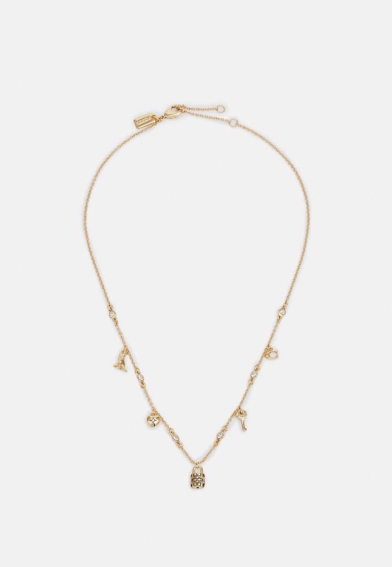 Collier chaîne en or délicat avec de petits pendentifs en forme de cadenas, clé, cœur, "A," et fer à cheval, espacés uniformément le long de la chaîne.