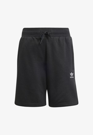 Black cotton athletic shorts with an elastic waistband, drawstring closure, side pockets, and a small white adidas logo on the left leg.