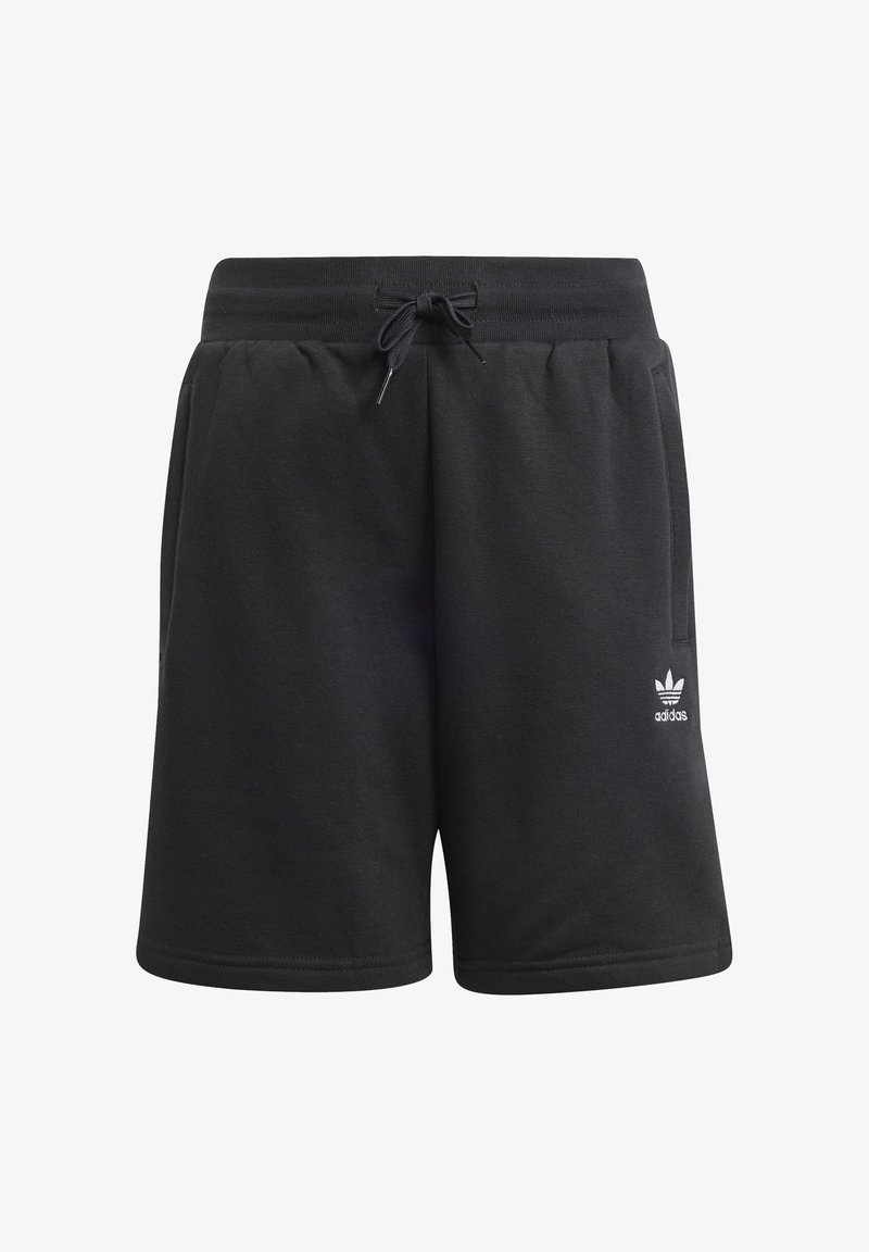 Czarne bawełniane szorty sportowe z elastycznym pasem, sznurkiem do regulacji, bocznymi kieszeniami i małym białym logo adidas na lewej nodze.
