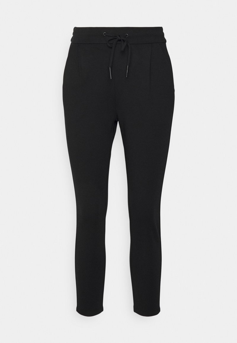 Black jogger pants with a drawstring waist, smooth texture, tapered legs, and front pockets. Simple design without patterns or accents.