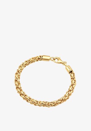 Bracelet en chaîne de métal doré composé de maillons ovales entrelacés, avec une fermeture à mousqueton et une surface lisse et polie.