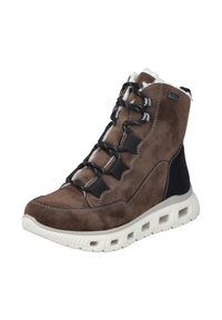 Brązowy zamszowy botek do kostki z białą wyściełaną podeszwą, czarnymi akcentami i sznurowadłami. Wnętrze ma miękką, teksturowaną podszewkę dla dodatkowego komfortu.