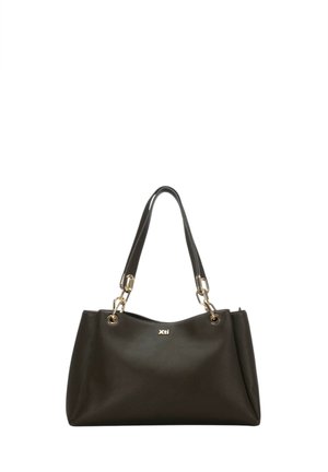Borsa tote in pelle nera con doppi manici e dettagli dorati, con piccolo logo "Xti" al centro davanti.