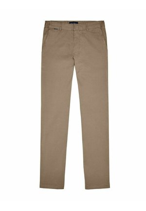 Beige chinos made from cotton blend fabric. Slim fit, with a flat front, side pockets, and single rear pocket. No visible patterns or accents.