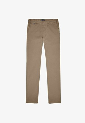 Beige chinos made from cotton blend fabric. Slim fit, with a flat front, side pockets, and single rear pocket. No visible patterns or accents.