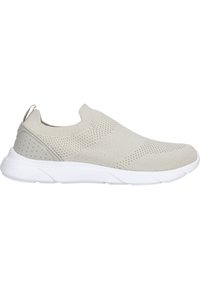 Helle beige Slipper-Sneaker mit gestricktem Obermaterial, strukturiertem Muster, gepolstertem Kragen und einer dämpfenden weißen Gummisohle.