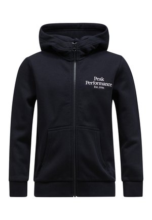 Navy zip-up hoodie gemaakt van zachte stof, met een koord in de capuchon, voorzakken en het logo "Peak Performance Est. 1986" in het wit.