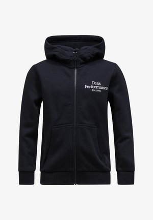 Sweat à zip navy en tissu doux, avec capuche à cordon de serrage, poches avant et logo "Peak Performance Est. 1986" en blanc.