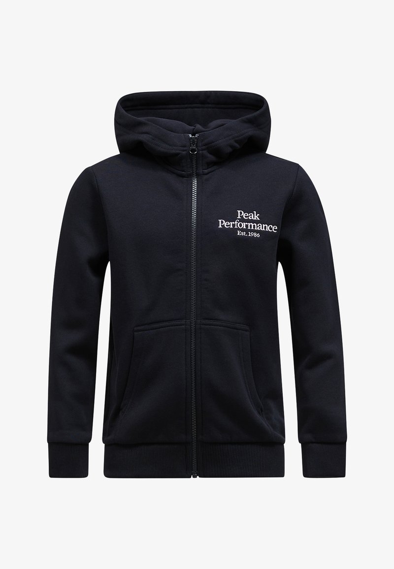 Felpa con zip blu navy realizzata in tessuto morbido, con cappuccio regolabile, tasche frontali e logo "Peak Performance Est. 1986" in bianco.
