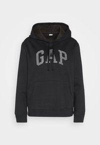 Felpa nera con tasca frontale, cappuccio con cordino e logo "GAP" scintillante grigio. Tessuto morbido con polsini e orlo a coste.