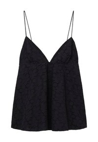 Top in pizzo nero con spalline sottili regolabili, caratterizzato da un profondo scollo a V e modelli floreali testurizzati su tutta la superficie. Design fluido e dalla vestibilità morbida.