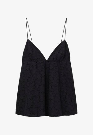 Černý krajkový top s tenkými nastavitelnými ramínky, s hlubokým výstřihem ve tvaru V a texturovanými květinovými vzory po celé ploše. Volný, lehký střih.