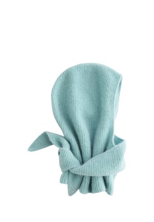 Soft, light blue, ribbed fabric hat with a twisted knot detail at the base. Features a rounded top and two knotted side accents.