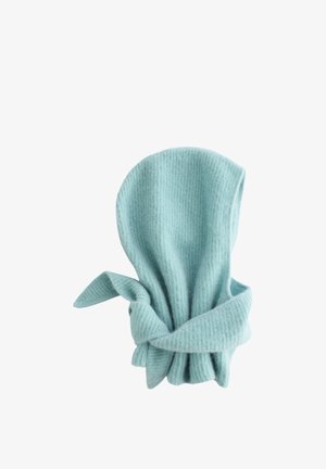 Soft, light blue, ribbed fabric hat with a twisted knot detail at the base. Features a rounded top and two knotted side accents.