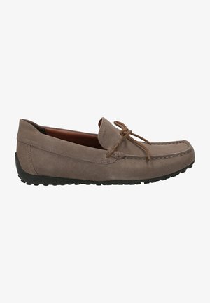 Gray suede moccasin shoe with a lace-up front, round toe, and a textured black rubber sole. Stitched detailing along the edges.