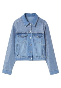 Vaaleansininen farkkutakki, jossa on hopeakiiltoa hihassa, hartioissa ja ylärintakehässä, napitus edessä ja kaksi rintataskua läpillä.