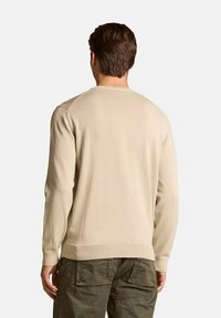 Maglione beige con scollo rotondo e polsini a coste, caratterizzato da una texture morbida e un design pulito, indossato sopra pantaloni cargo verde oliva.