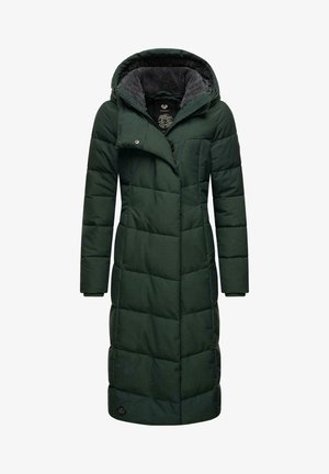 Long puffer coat in dark green with quilted pattern, featuring a hood, zipper with snap closure, and ribbed cuffs. Lined with soft fabric.