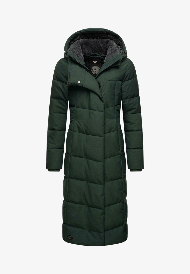 Abrigo largo tipo plumas en verde oscuro con un patrón acolchado, que cuenta con capucha, cierre de cremallera con broche, y puños de canalé. Forrado con tela suave.