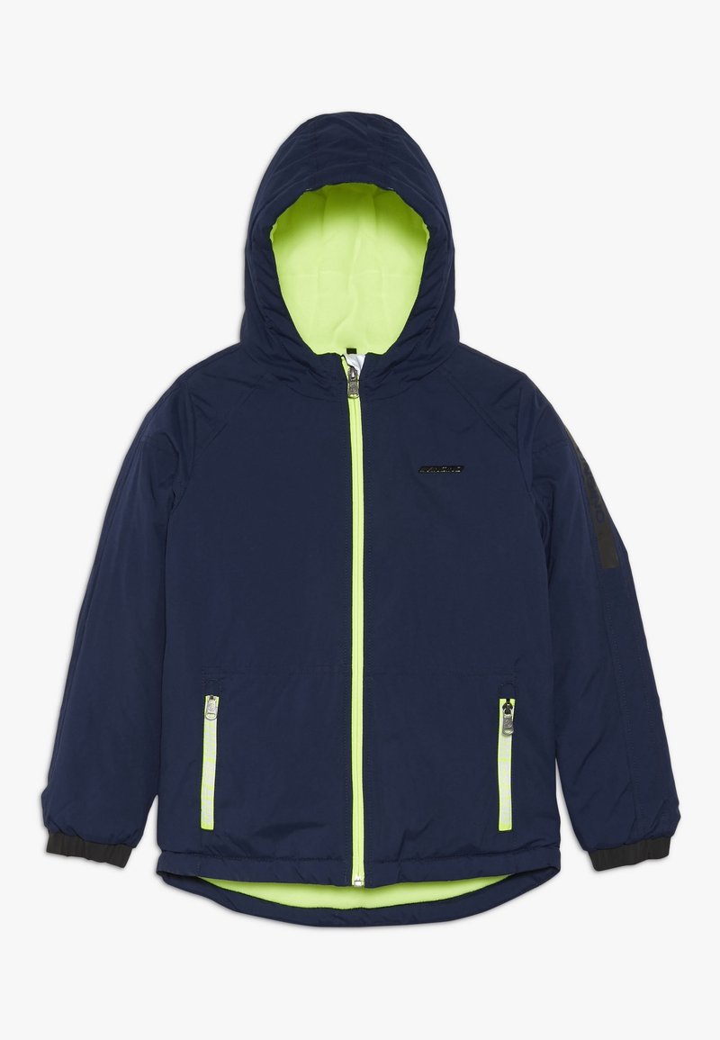 Veste à capuche navy avec doublure verte fluo, fermeture éclair à l'avant et deux poches latérales avec accents réfléchissants et poignets élastiques.