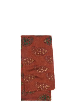Szalik w kolorze rdzy z wzorem paisley w odcieniach zieleni, złota i kremu. Wykonany z teksturowanej tkaniny z postrzępionymi brzegami.