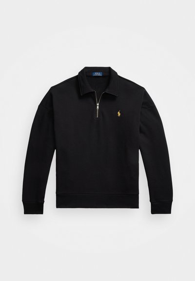 Black pullover sweatshirt with a quarter zipper, ribbed cuffs and hem, featuring a small embroidered gold logo on the left chest.