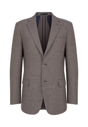 Brązowa marynarka w kratę z wyciętym kołnierzem, jednolite zapięcie na guzik, dwie przednie kieszenie i ciemnoniebieska podszewka.